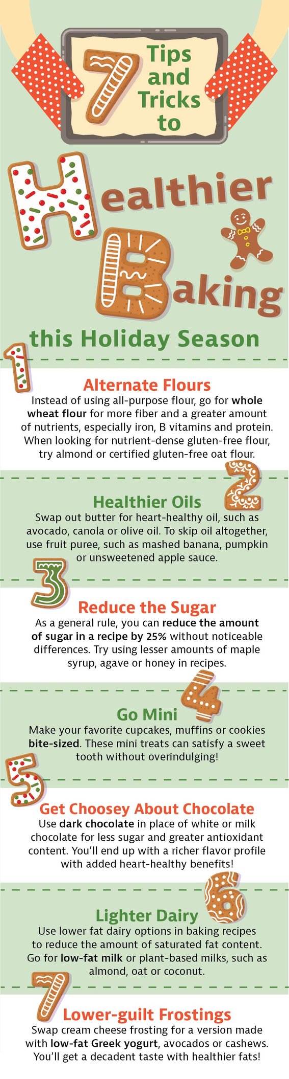 Infographic of seven healthier baking tips with cookie graphics.