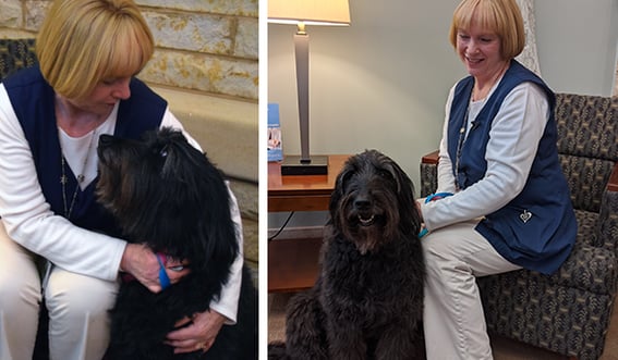 Two photos of Maggie Advey holding her black Goldendoodle Zoe. 